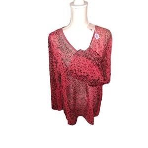 NWT Susan Graver Sz Large V neck Sheer Sassy Red Leopard pullover